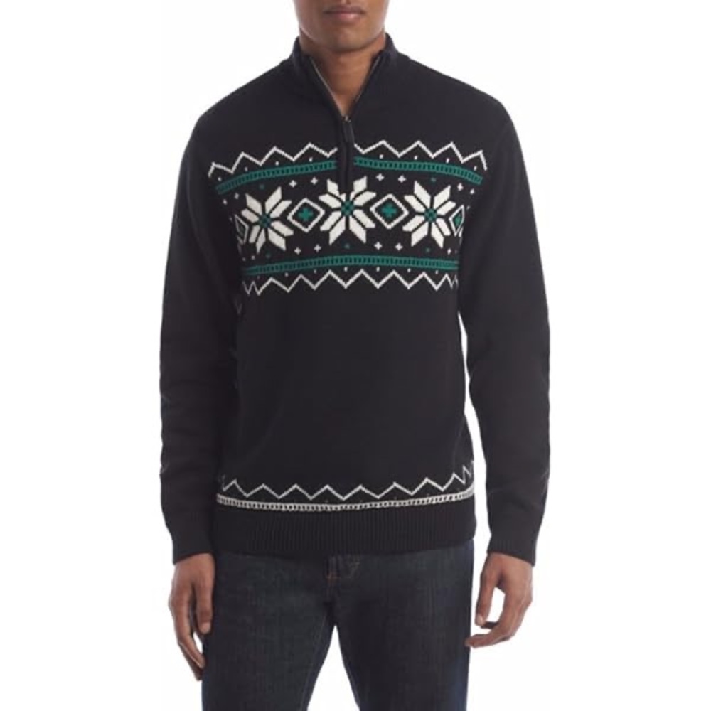 Chaps men's black quarter-zip snowflake‎ holiday sweater Nordic heritage XL
